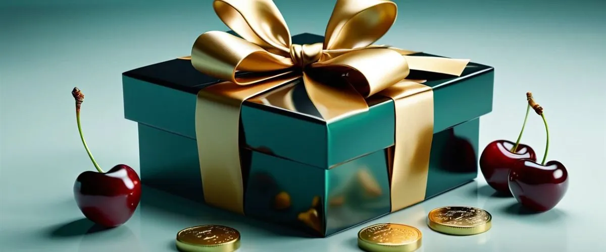 Caja de regalo con monedas y un rodillo de tragamonedas